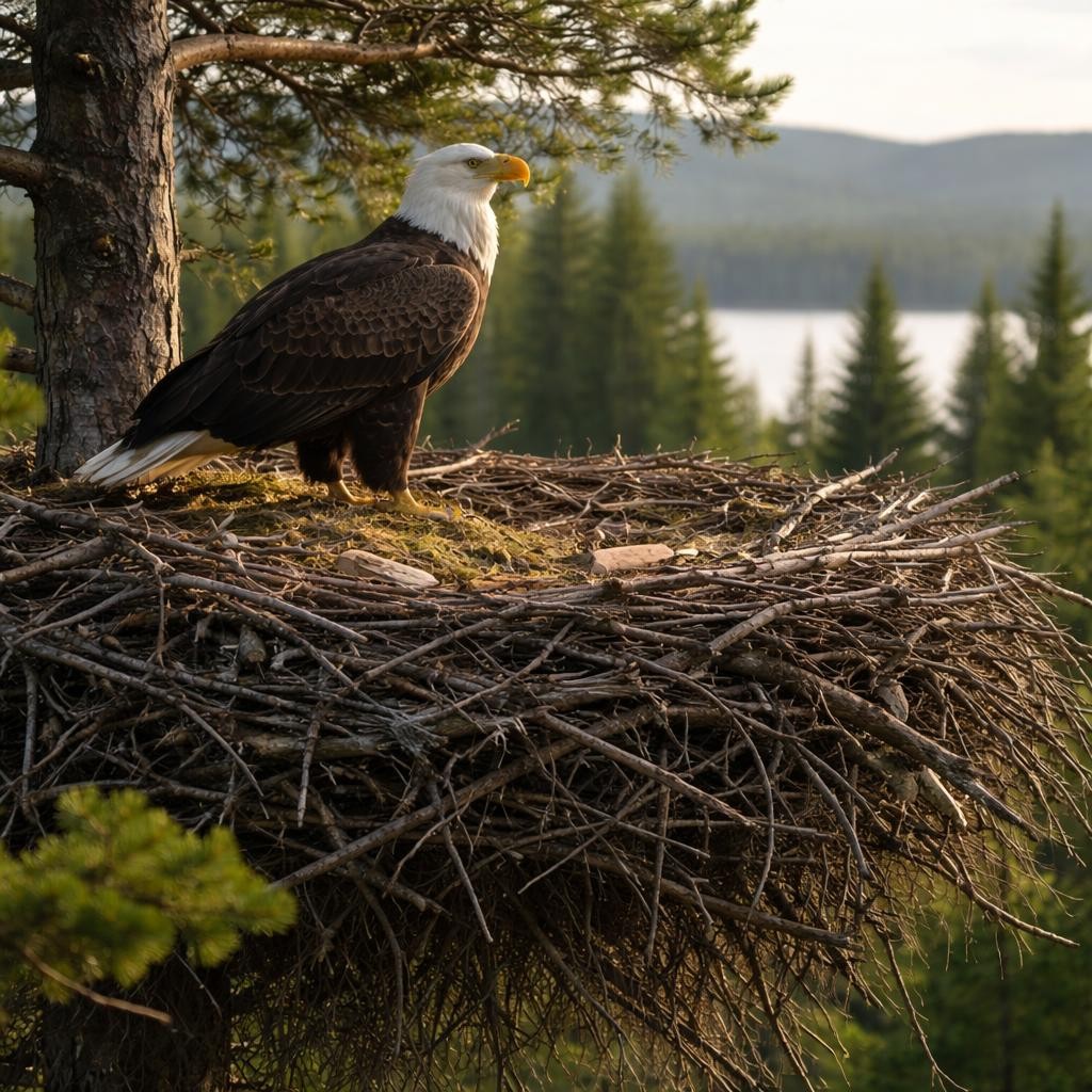 Hvithodehavørnen: himmelens majestetiske hersker – Reiret, som ofte gjenbrukes og bygges på år etter år, kan bli flere meter i diameter og Hvithodehavørnen: himmelens majestetiske hersker – Reiret, som ofte gjenbrukes og bygges på år etter år, kan bli flere meter i diameter og